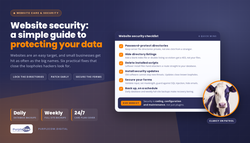 A Website Security guide detailing six quick wins, a robust data backup schedule, and a friendly cow mascot on the bottom right, complete with action buttons for directories and forms.