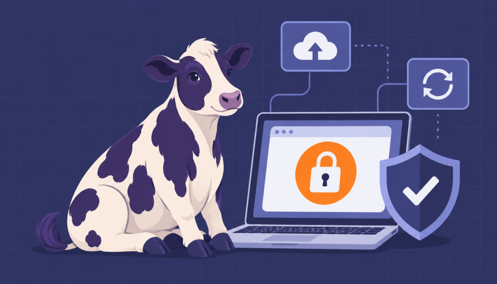 Illustration of a cow sitting next to a laptop displaying a padlock icon, with Website Security, cloud, sync, and security icons featured in the background.