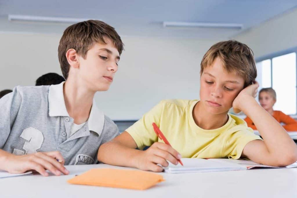 Boy copying test from classmate