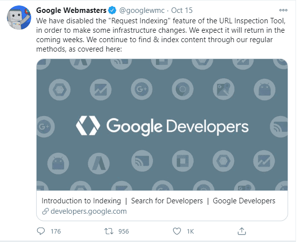 Google suspended 'Request Indexing' feature twitter announcement