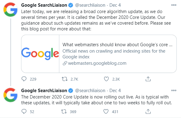 Google December 2020 core update twitter announcement