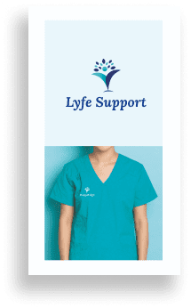 A woman in scrubs with the Lyfe support logo.