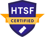 a blue and yellow shield with the words htsf certified on it.