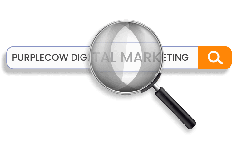 A purple cow magnifying glass displaying digital marketing.