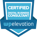 a blue badge with the words, certified, digital business consultant, and we.