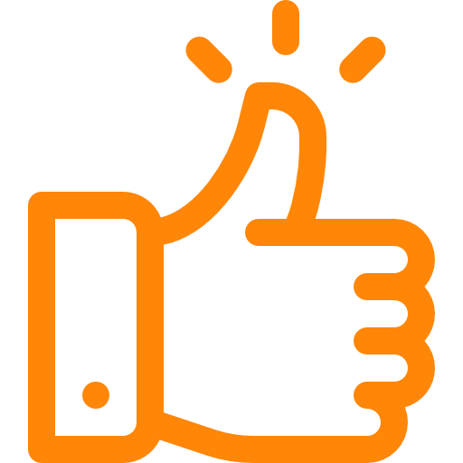 A digital thumbs up icon with an orange background.