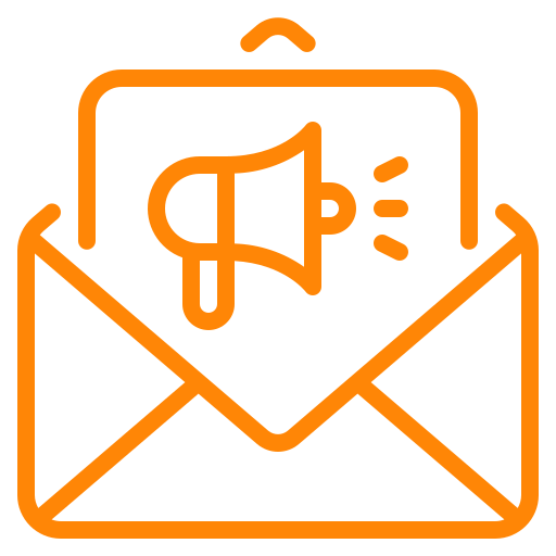 An orange envelope icon with a speaker representing digital marketing services.