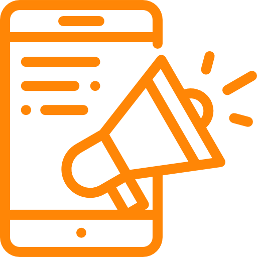 An orange icon of a phone with a megaphone for Digital Marketing.