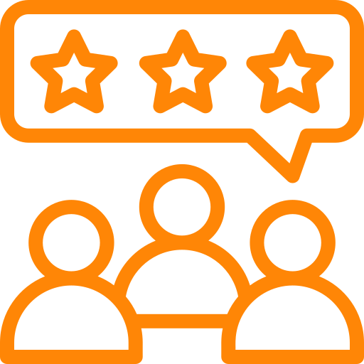 A speech bubble with five stars above it used in digital marketing.