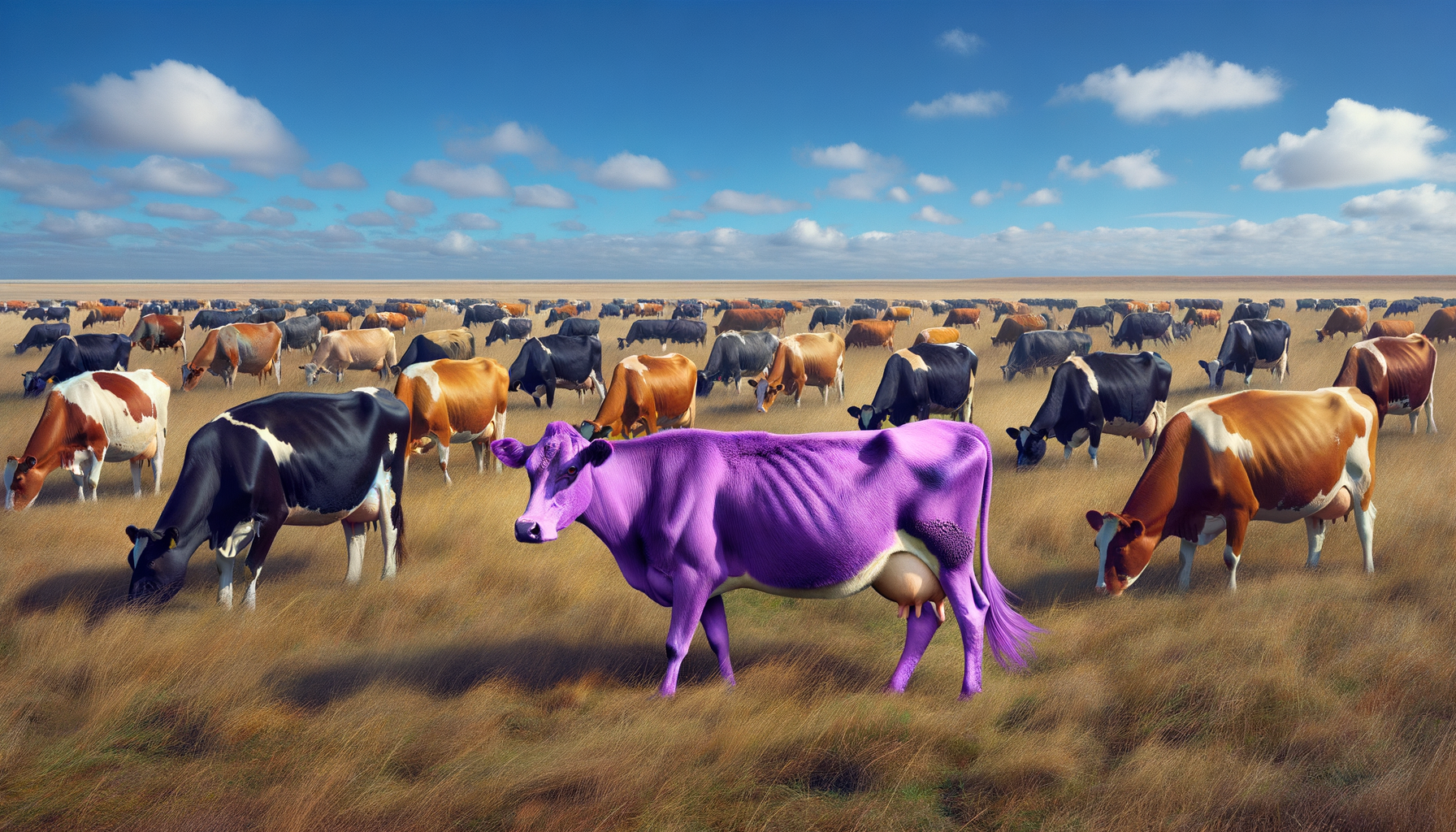 A group of cows, including a purple cow, in a field.