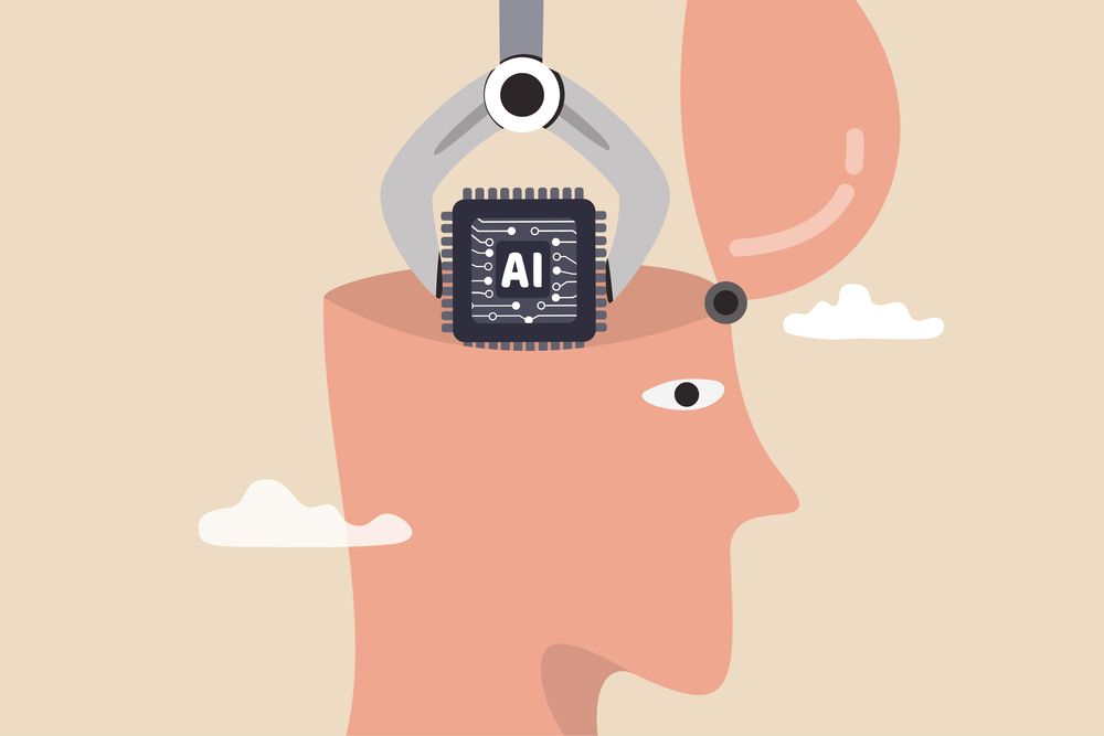 Illustration of a robotic claw placing an AI microchip into an open human head. The background is a soft beige with floating white clouds. The scene symbolizes artificial intelligence integration into the human mind.