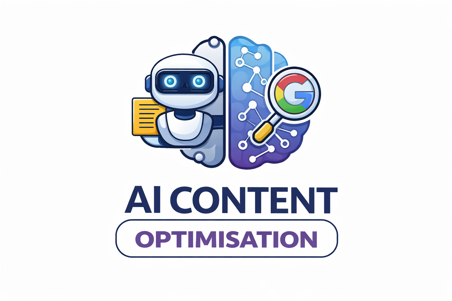 Illustration of a robot holding a document beside a digital brain and magnifying glass with Google logo, above the words "AI Content Optimisation"&mdash;designed to help attract more qualified local leads.