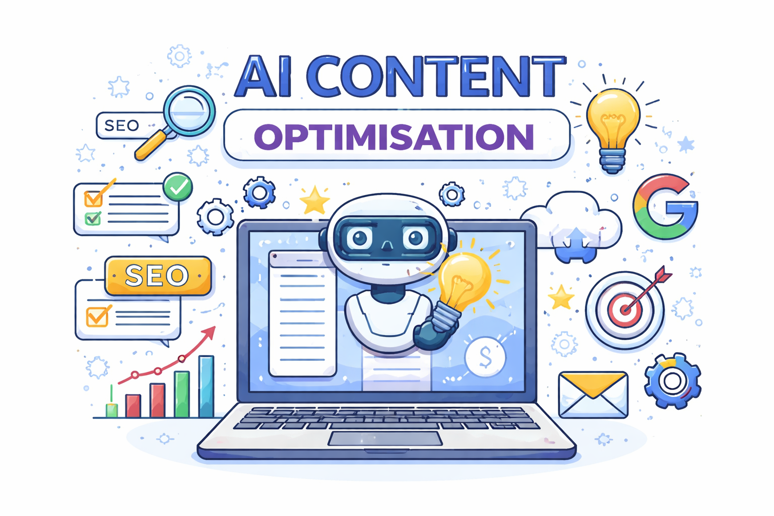 Illustration of a robot holding a light bulb emerging from a laptop, surrounded by SEO and optimization icons, representing AI content optimization for generating qualified local leads.