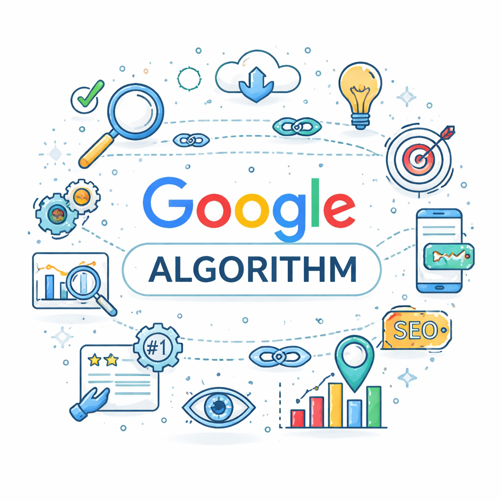 Illustration representing Google algorithm with icons such as a magnifying glass, lightbulb, charts, target, SEO tag, and smartphone, surrounded by dotted lines.