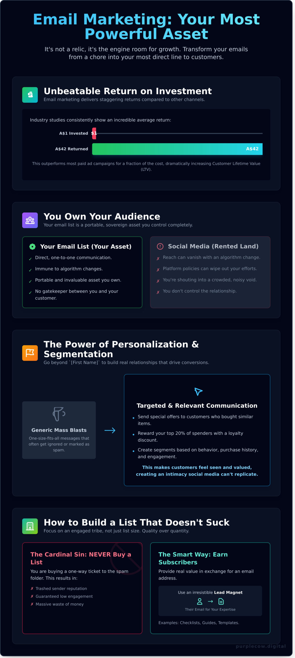 Infographic on email marketing highlights ROI, audience growth, personalization, list building tips, and warns against buying email lists for better customer engagement and effectiveness.