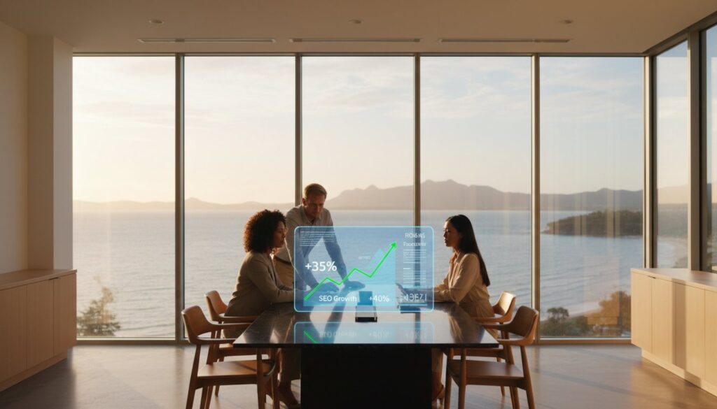 Three people meet at a conference table in a modern office with large windows facing the water; a virtual chart displaying growth statistics is projected above the table.
