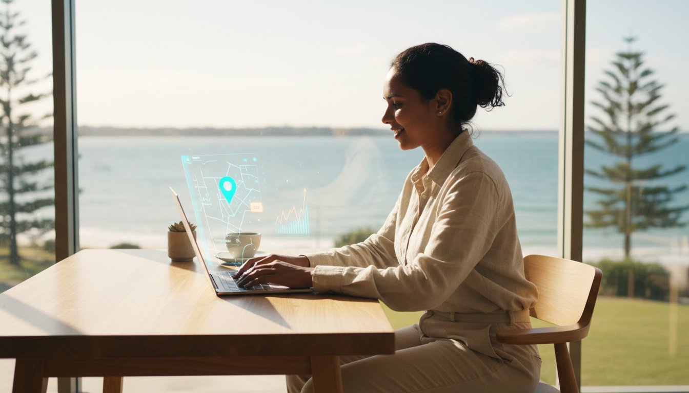 A woman works on a laptop at a wooden table by a large window overlooking the ocean, with digital graphics projected from her screen.