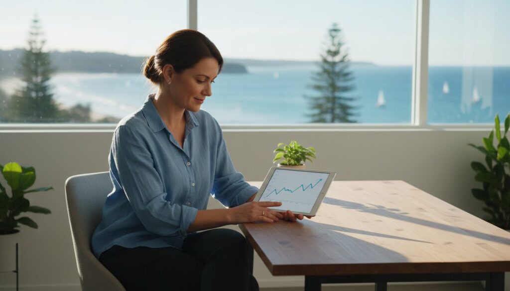 A woman sits at a desk by a window with an ocean view, looking at a tablet displaying a line graph with an upward trend.