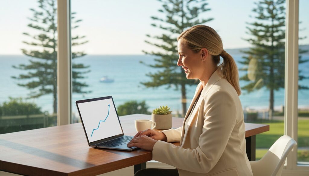 A woman in a blazer works on a laptop showing a rising graph, seated at a desk by a window overlooking the ocean and trees.