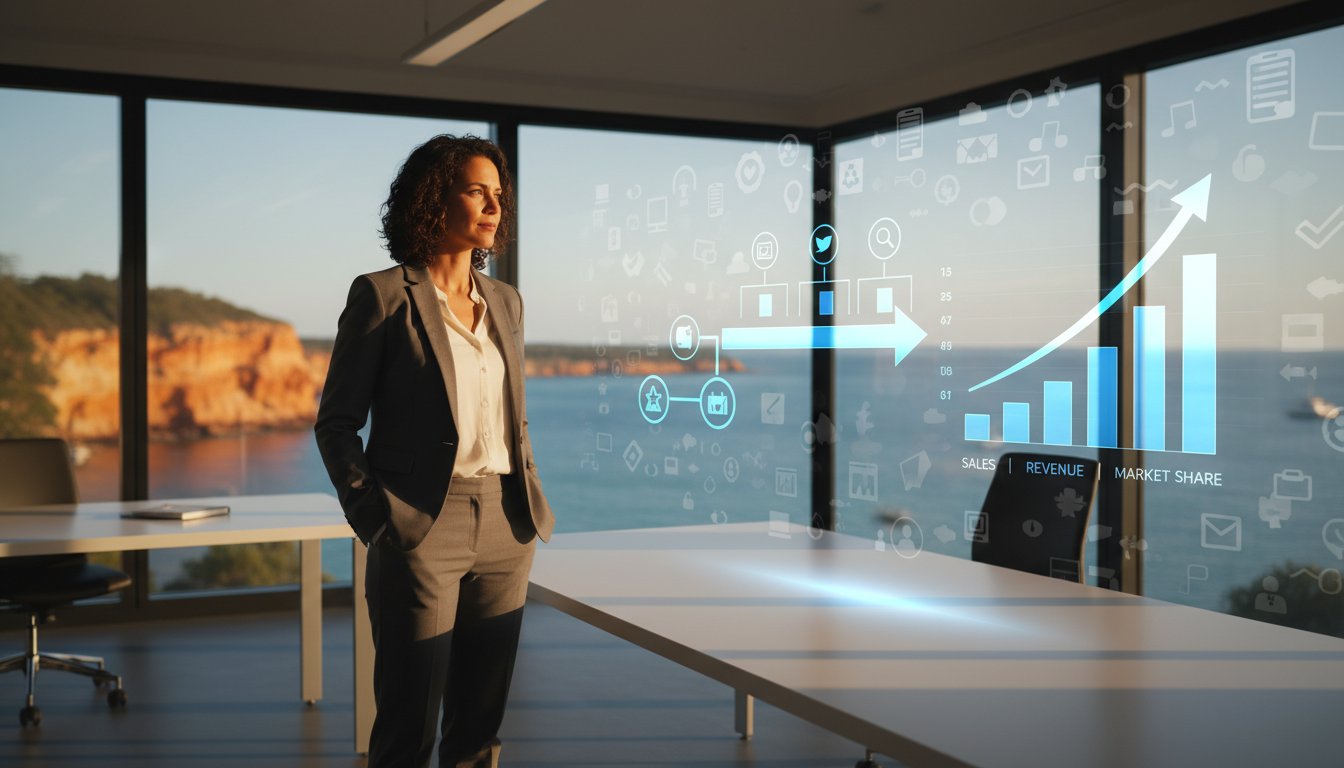 A businesswoman stands in a modern office with large windows, looking at digital graphs and charts projected in the air, showing sales, revenue, and market share growth.