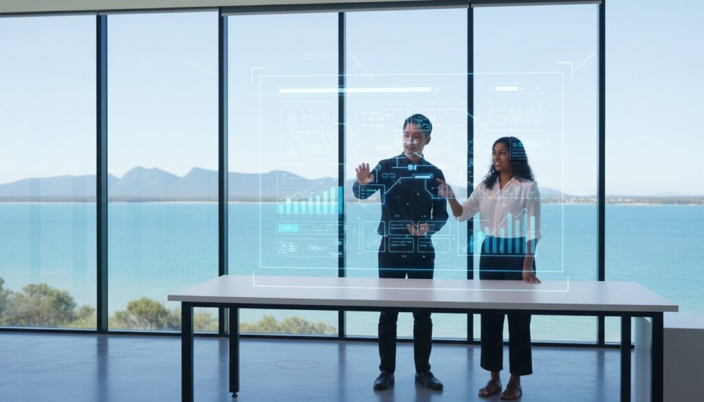 Two people stand behind a table and interact with a large transparent digital interface, with floor-to-ceiling windows and a scenic lake view in the background.