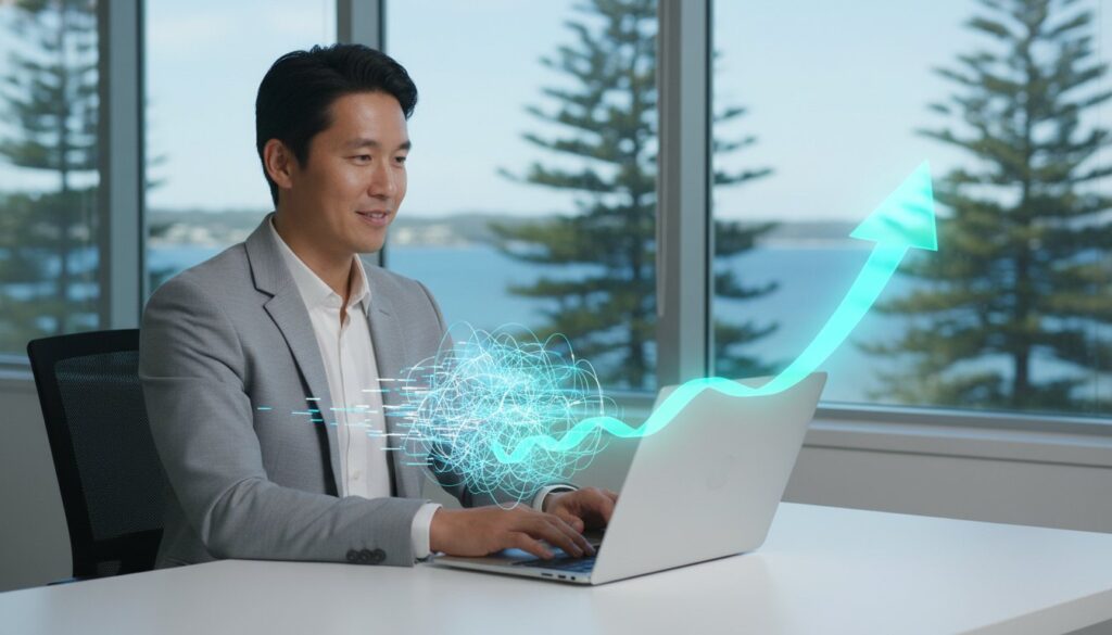 A man in a suit works on a laptop with a digital rising arrow graphic, sitting by windows with a view of trees and water.