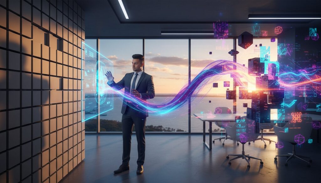 A man in a suit interacts with a digital touchscreen in a modern office, with colorful data streams and digital graphics flowing through the room, overlooking a sunset view.