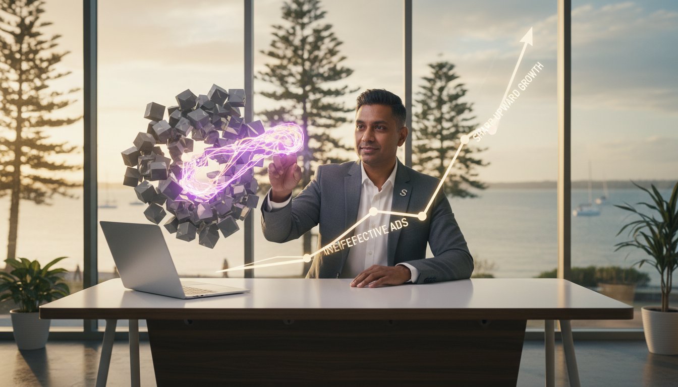 A man in a suit sits at a desk with a laptop, interacting with a floating digital graphic showing an upward trend labeled "Ineffective Ads" and "Significant Growth," in an office by a window.