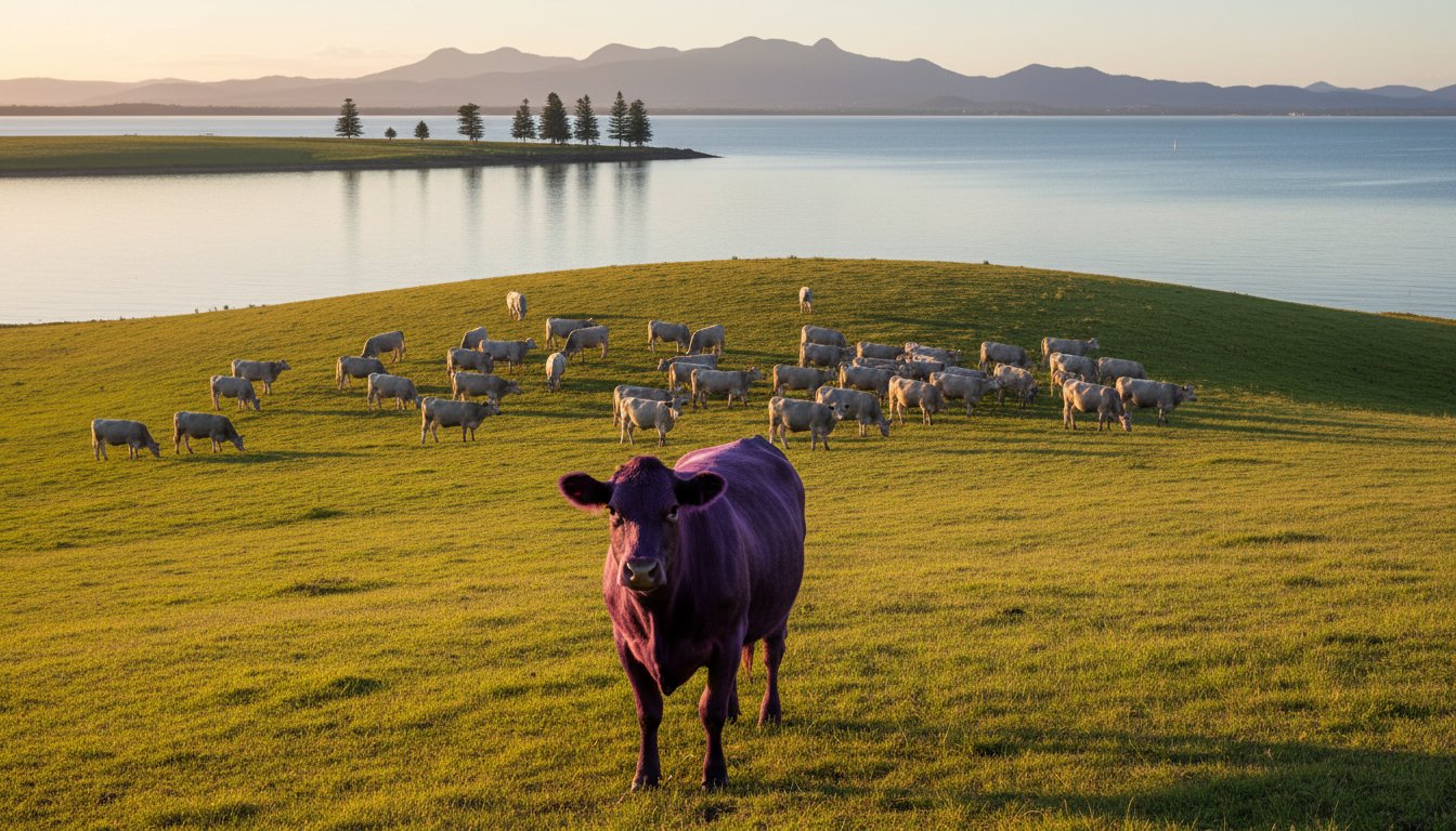 A purple cow stands on a grassy hill in front of a flock of sheep, with a lake and mountains in the background.