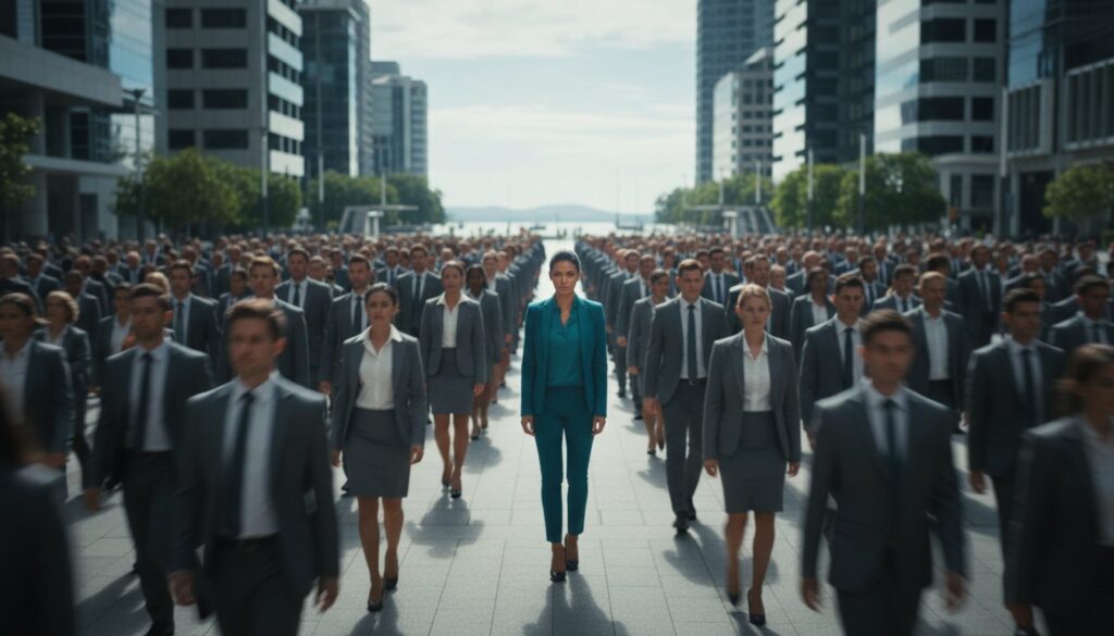 A woman in a teal suit walks confidently among a large crowd of people in gray suits on a city street.
