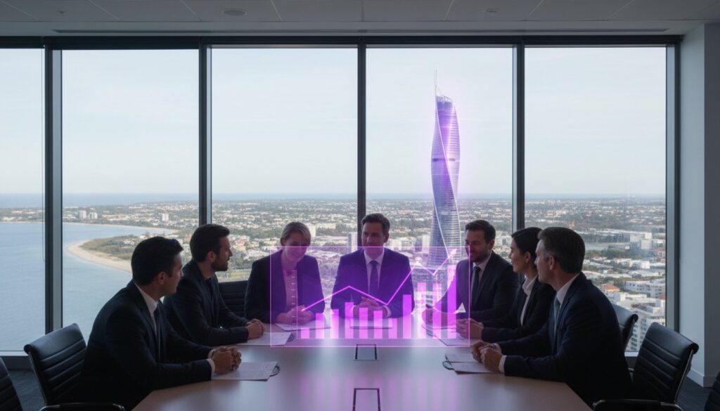 Six business people in suits sit around a conference table in a high-rise office, viewing a purple holographic graph, with a city and coastline visible through the large window behind them.