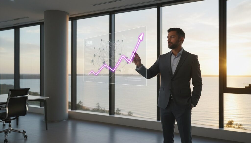 A man in a suit stands in a modern office with large windows, interacting with a digital screen showing an upward-trending graph.