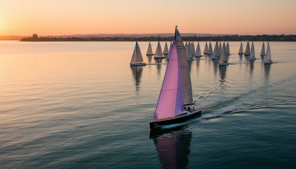 A group of sailboats on calm water at sunset, with one boat in the foreground leading ahead of the others.