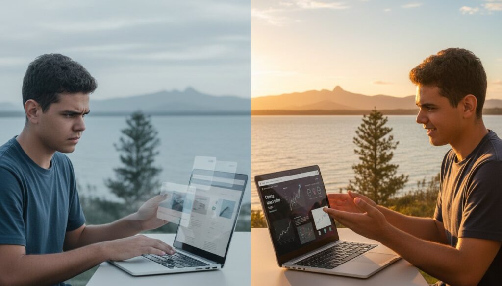 A young man using a laptop outdoors, shown split between day and evening, with changing facial expressions and different screens on the laptop.