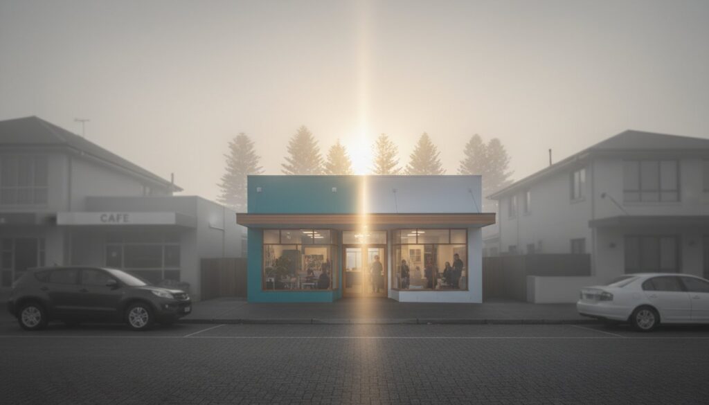 A small storefront with large windows is illuminated by a shaft of sunlight in a foggy street, flanked by parked cars and neighboring buildings.