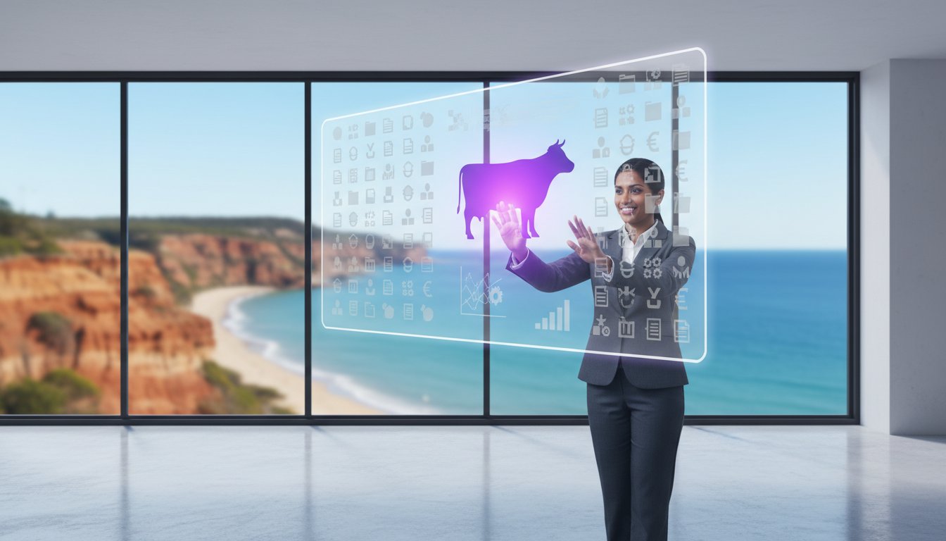 A woman in business attire interacts with a transparent virtual screen displaying icons and a cow symbol, with an ocean view through large windows in the background.