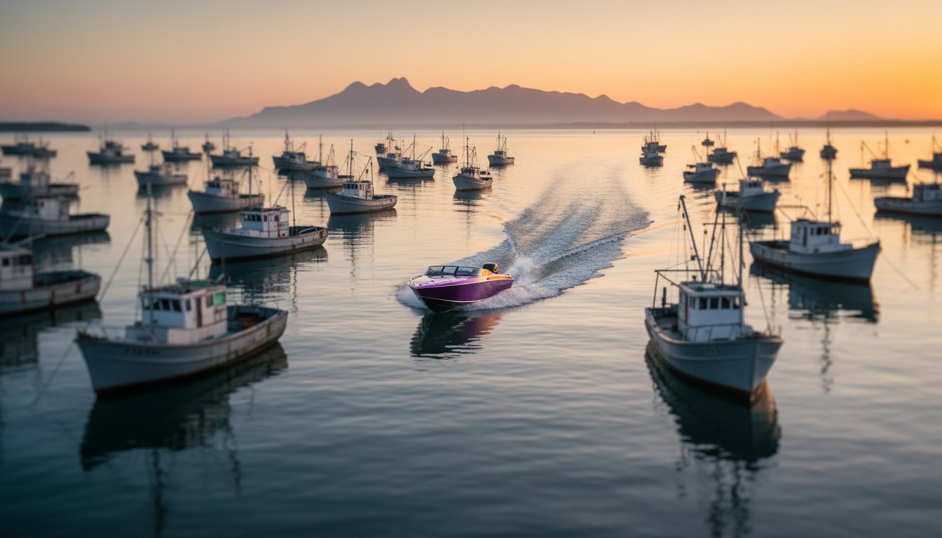 A speedboat moves through calm water, leaving a wake among anchored fishing boats at sunset, with mountains visible in the background.