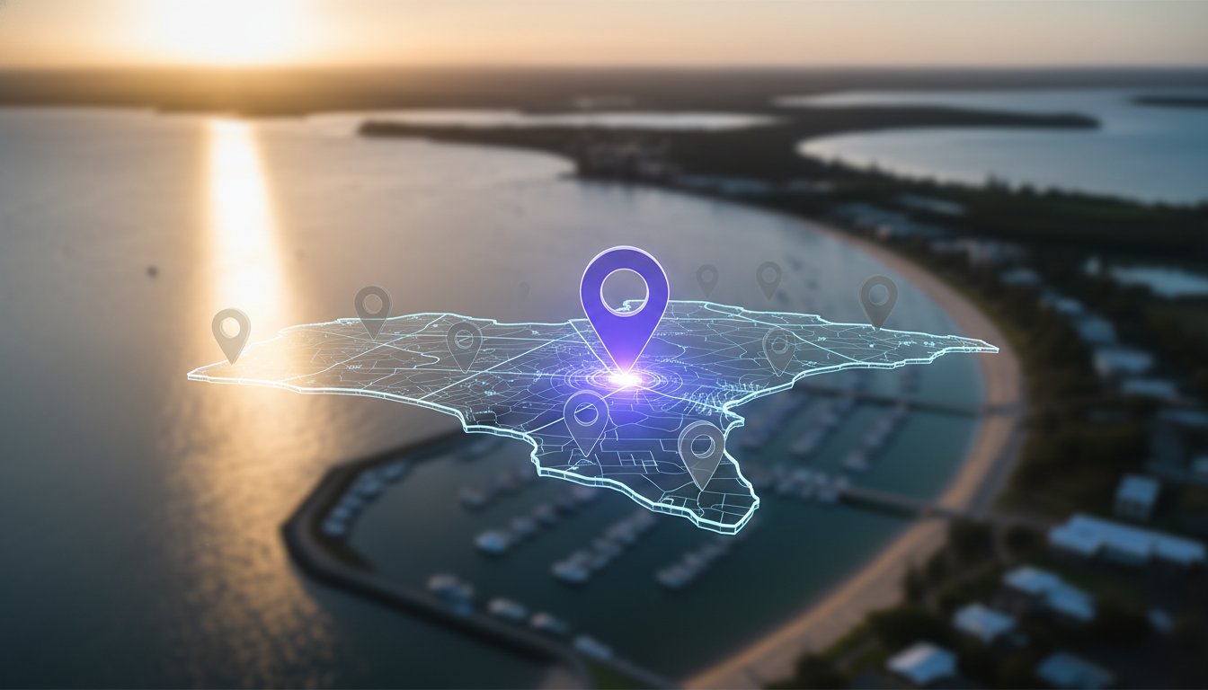 A digital map with location pins is superimposed over an aerial view of a coastal area with water, docks, and buildings at sunset.