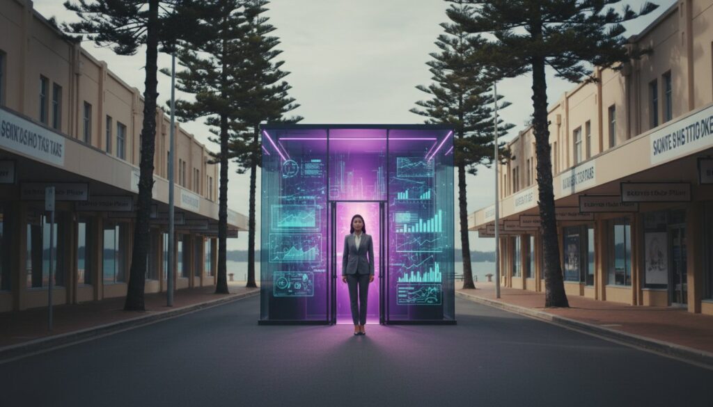 A woman stands in front of a glass booth with purple lighting and digital data displays, positioned in the middle of an empty city street lined with buildings and trees.