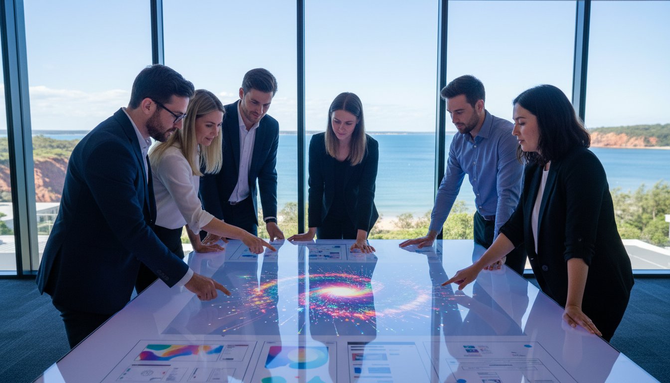Six people in business attire stand around a large digital table displaying charts and a colorful data visualization, with large windows showing a coastal landscape in the background.