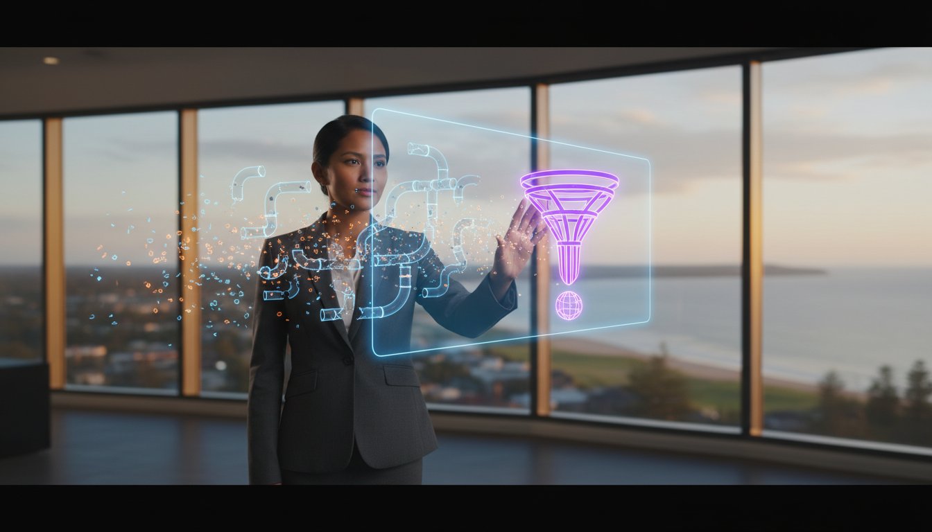 A woman in a suit interacts with a transparent digital screen displaying holographic graphics in a modern office with large windows overlooking a coastal landscape.