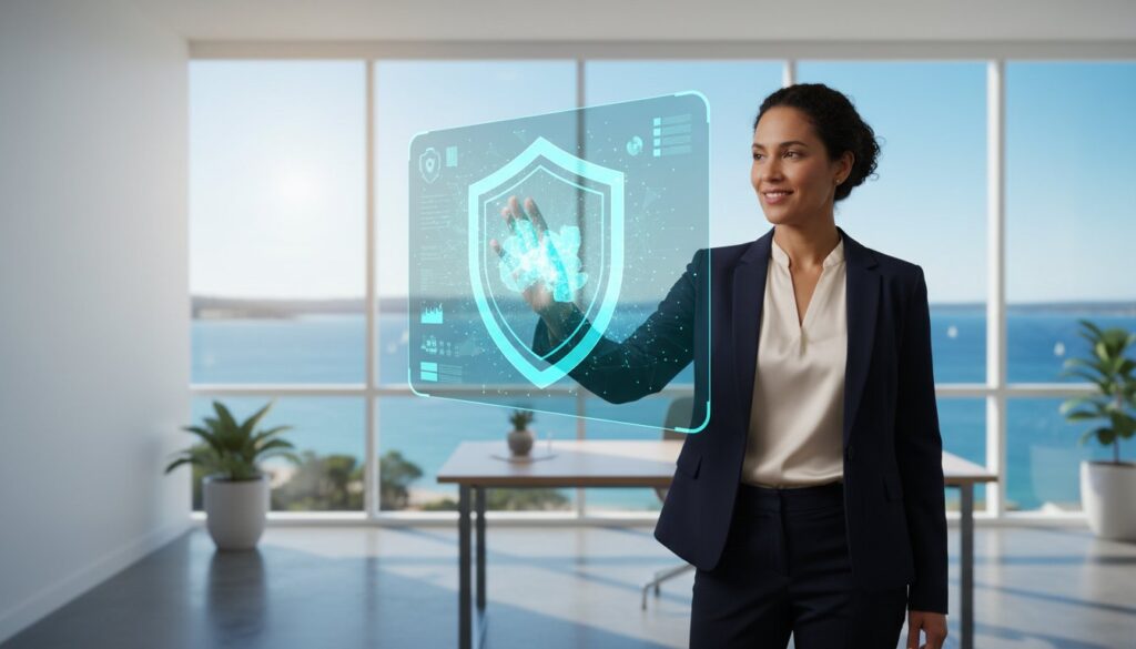 A businesswoman in an office interacts with a virtual shield icon display, representing cybersecurity or data protection, with large windows and a sea view in the background.