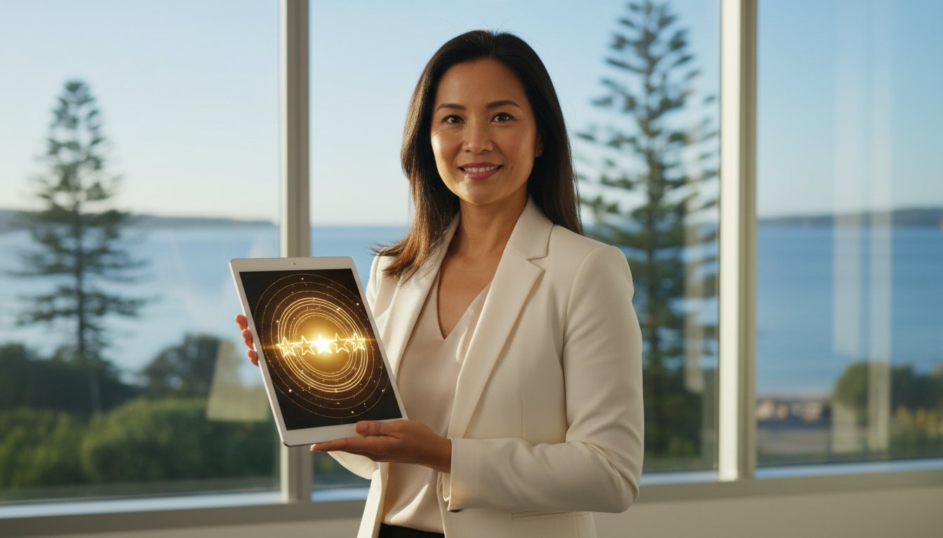 A woman in business attire stands indoors by large windows, holding a tablet displaying a glowing five-star rating graphic. Pines and water are visible outside.