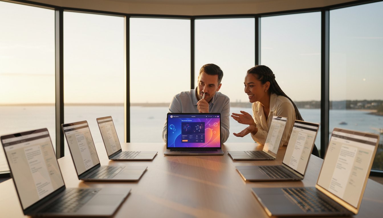 Two people in a conference room discuss data displayed on a laptop, surrounded by six other open laptops, with large windows and a waterfront view in the background.