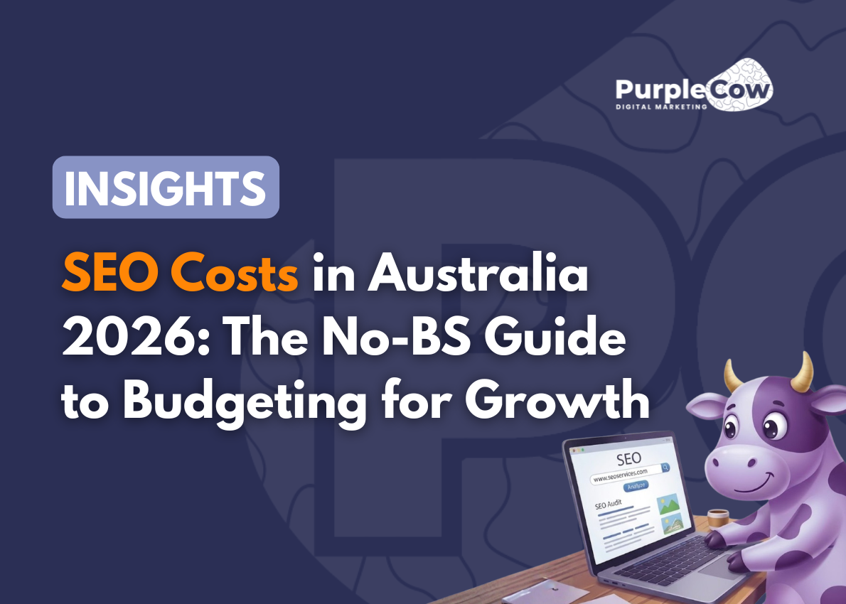 A digital illustration featuring the title "SEO Costs in Australia 2026: The No-BS Guide to Budgeting for Growth" with a cartoon purple cow using a laptop.
