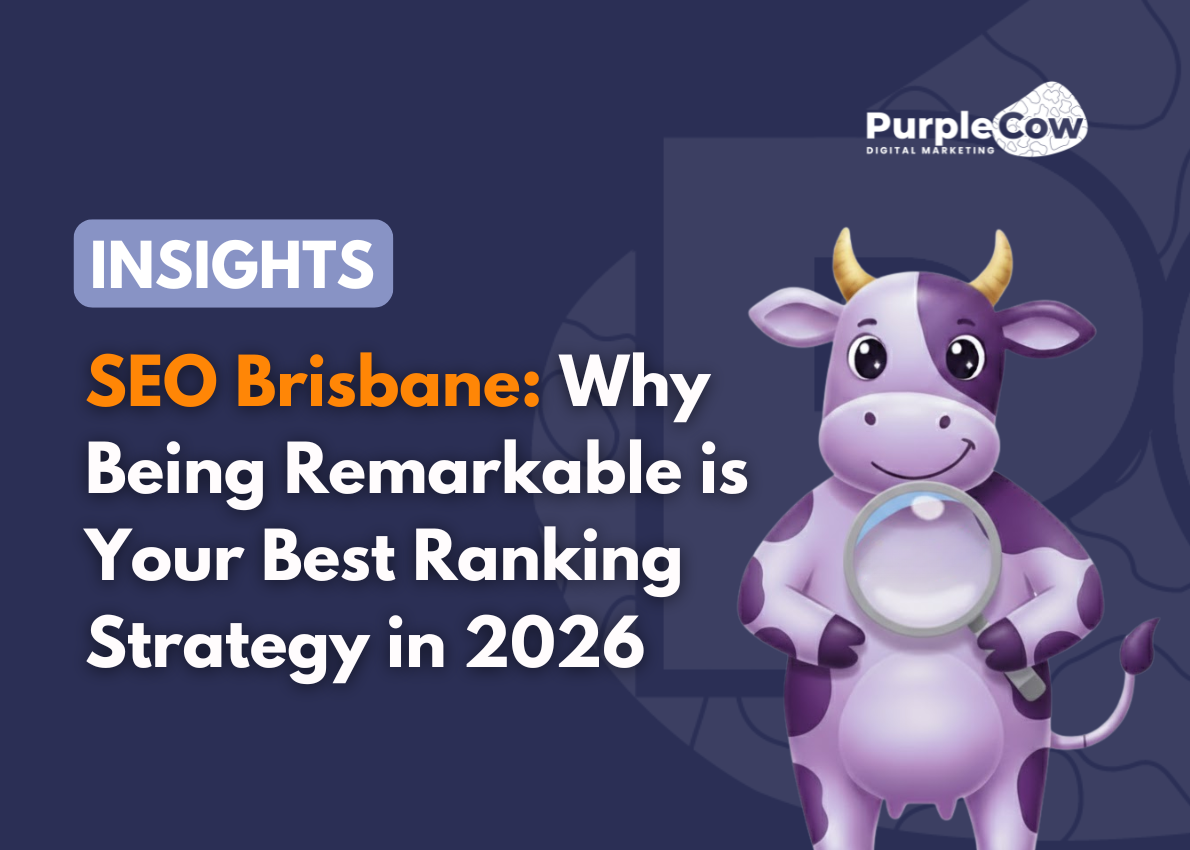 Illustration of a cartoon purple cow holding a magnifying glass next to text about SEO Brisbane and ranking strategies for 2026, with the PurpleCow Digital Marketing logo.
