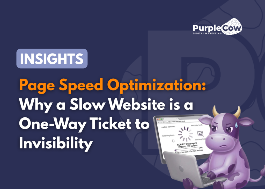 A cartoon purple cow with a laptop sits beside text about page speed optimization and slow websites, with the PurpleCow Digital Marketing logo in the corner.