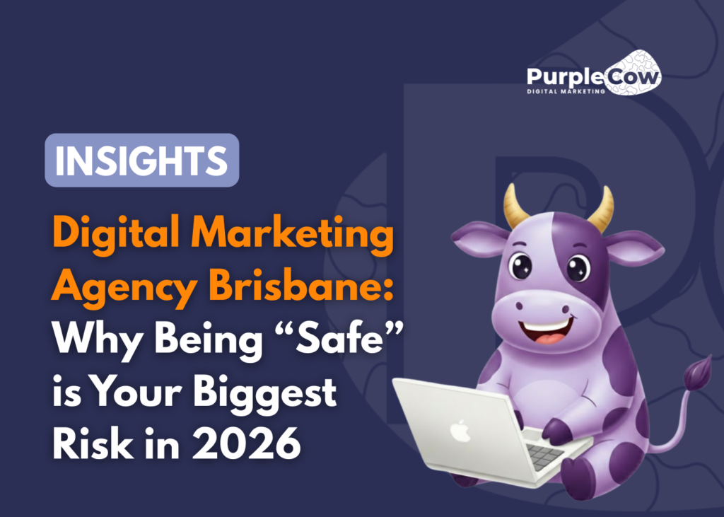 A cartoon purple cow with a laptop sits beside text about digital marketing risks in 2026 by Purple Cow Digital Marketing.