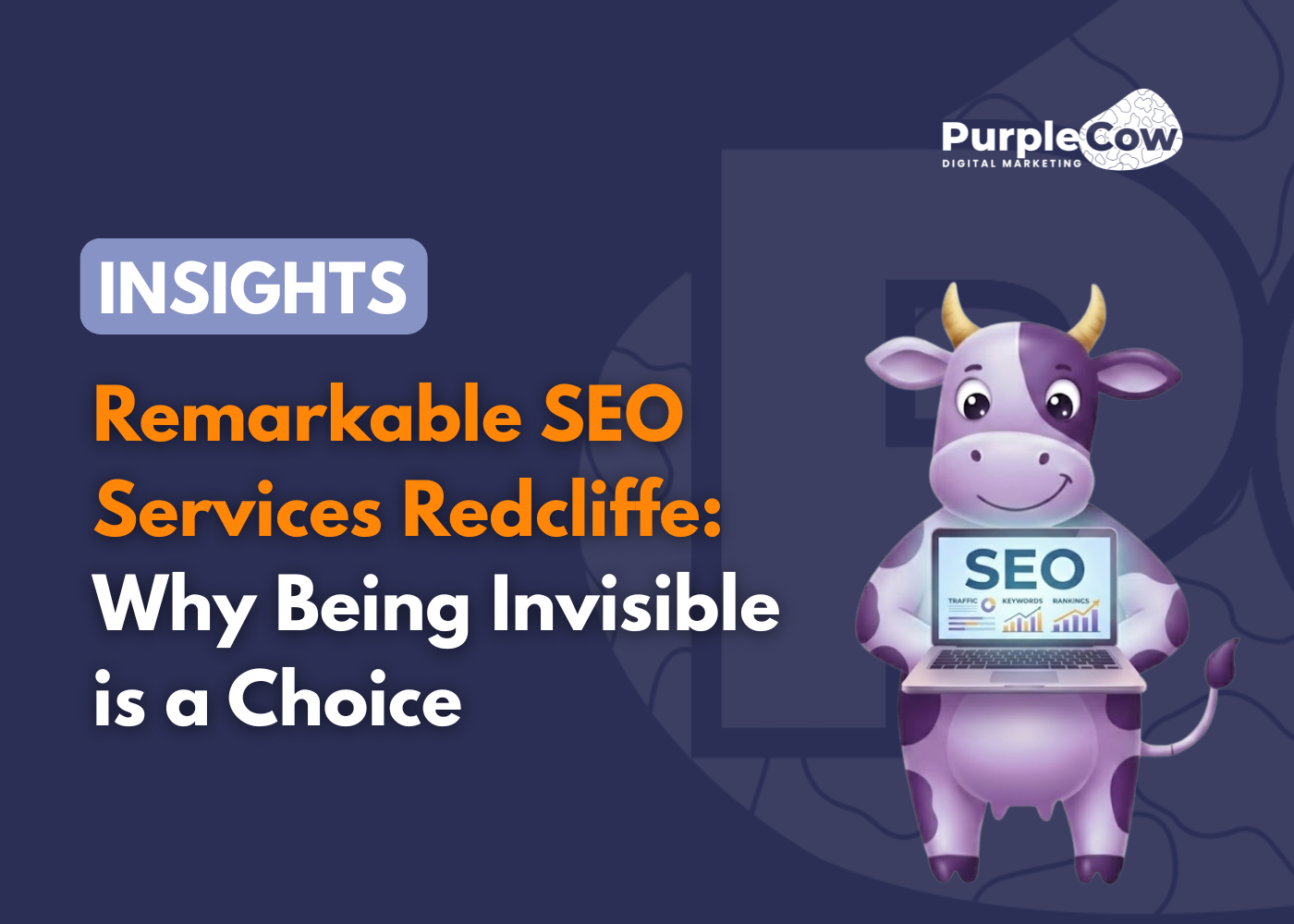 A cartoon purple cow holding a laptop displaying "SEO" stands next to text promoting SEO services in Redcliffe by PurpleCow Digital Marketing.