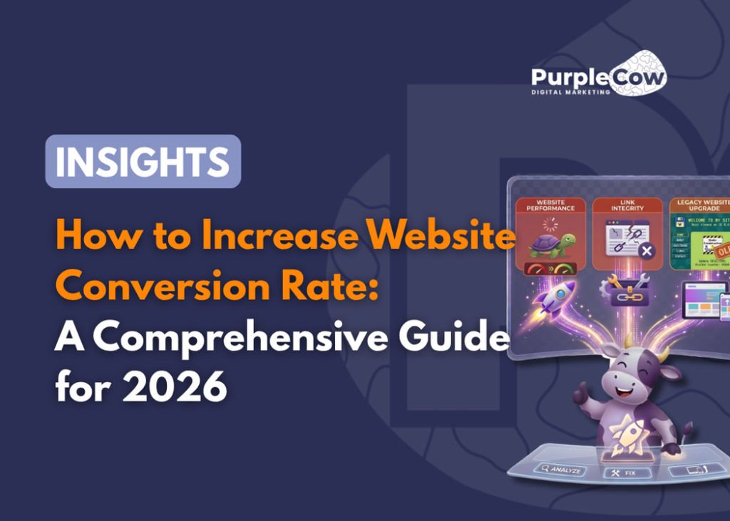 Digital marketing graphic titled "How to Increase Website Conversion Rate: A Comprehensive Guide for 2026" from PurpleCow, featuring a cartoon cow and digital interface icons that highlight tips on how to increase website conversion rate.